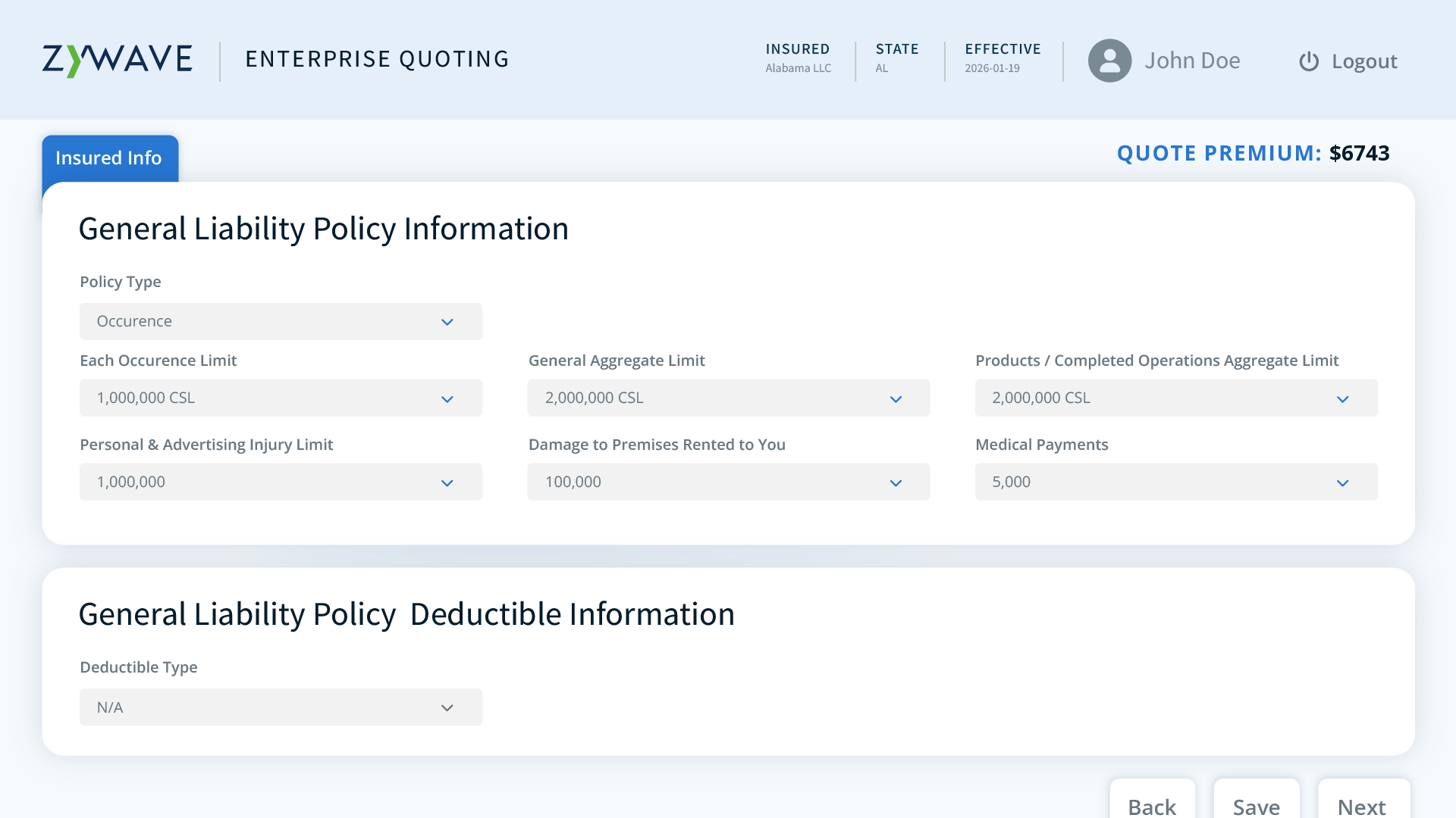 Zywave Enterprise Quoting software displaying general liability classification information and location details for insurance quoting.