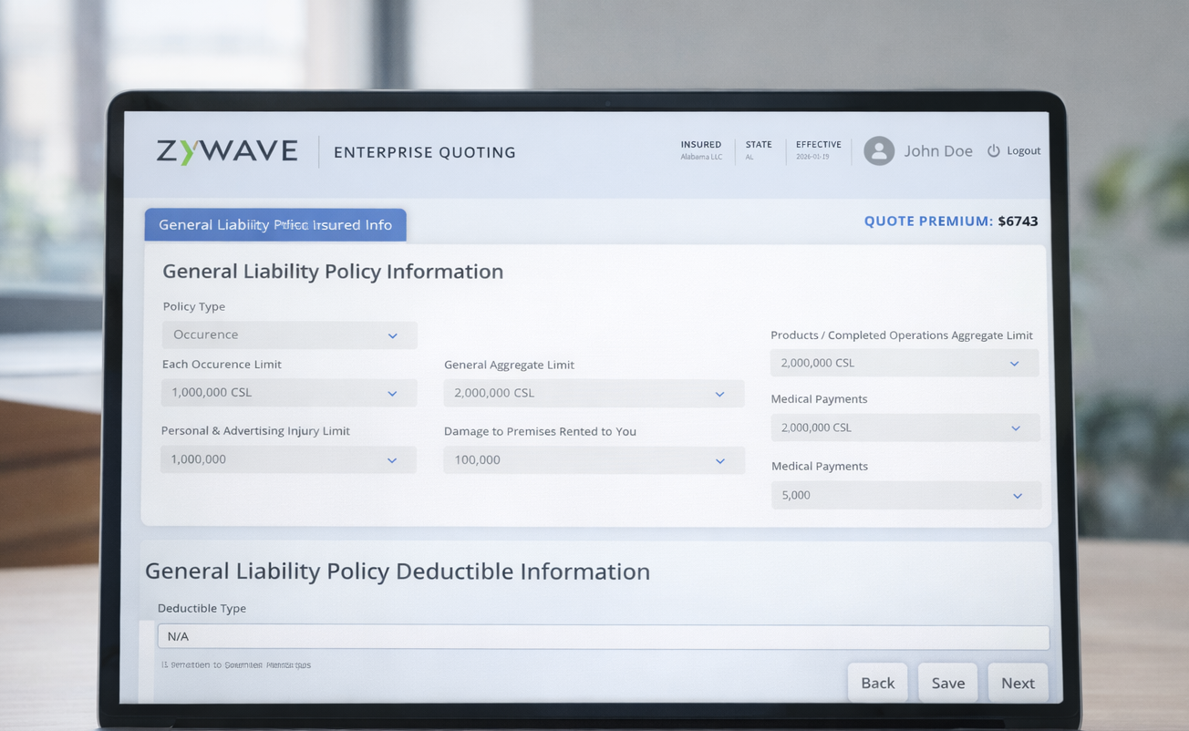 Zywave Enterprise Quoting software interface displaying general liability policy information and deductible configuration on desktop