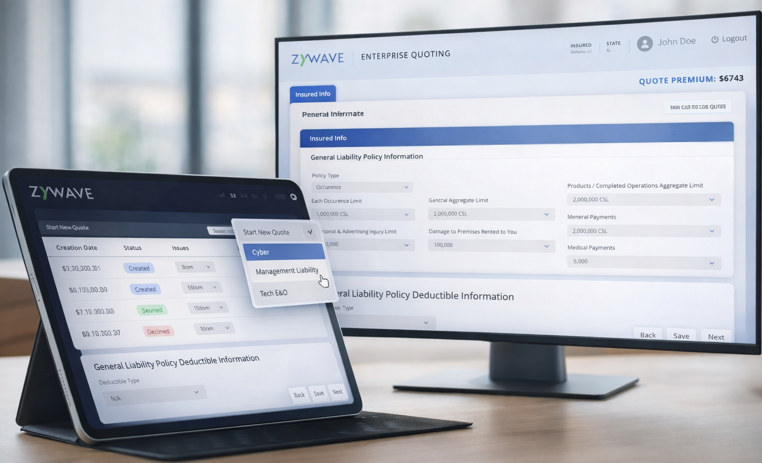 Zywave Enterprise Quoting insurance software displayed on desktop monitor and tablet showing commercial quote management and general liability policy configuration