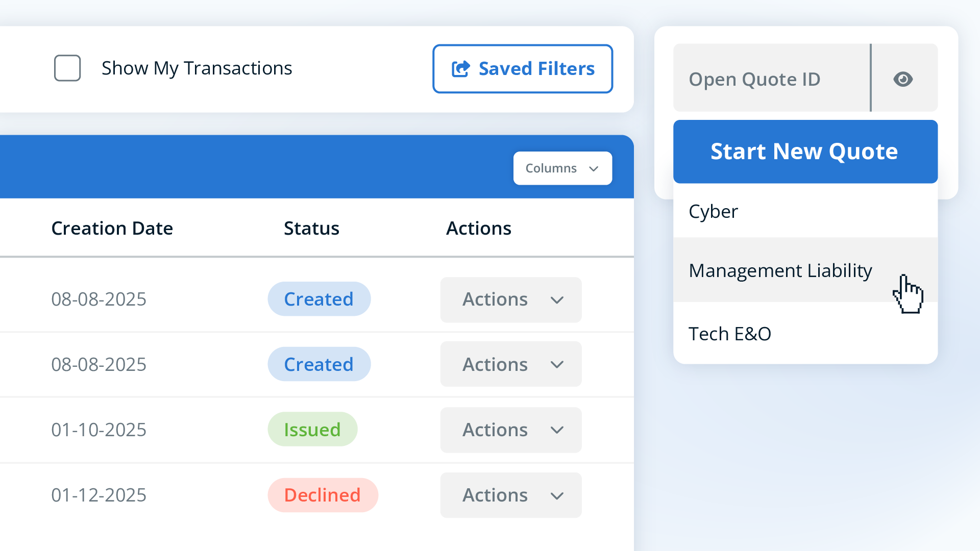 Zywave Enterprise Quoting insurance software interface showing start new quote options for cyber, management liability, and tech E&O coverage.