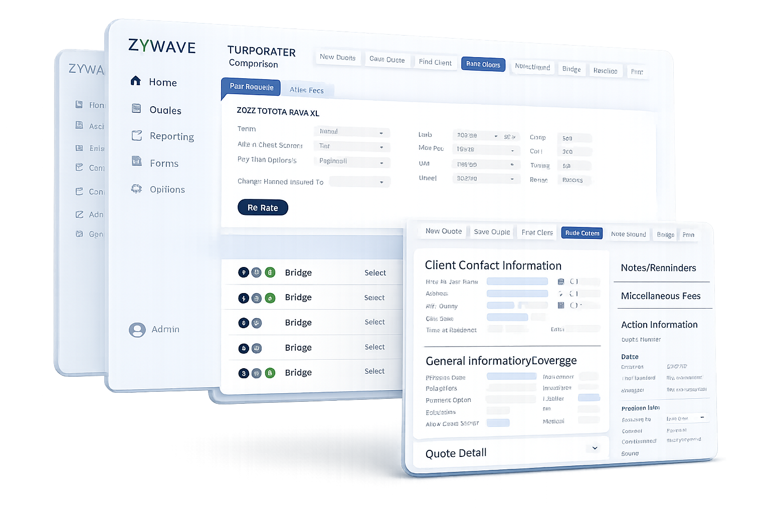 Zywave TurboRater insurance quoting software interface showing comparison screen and single screen rating workflow