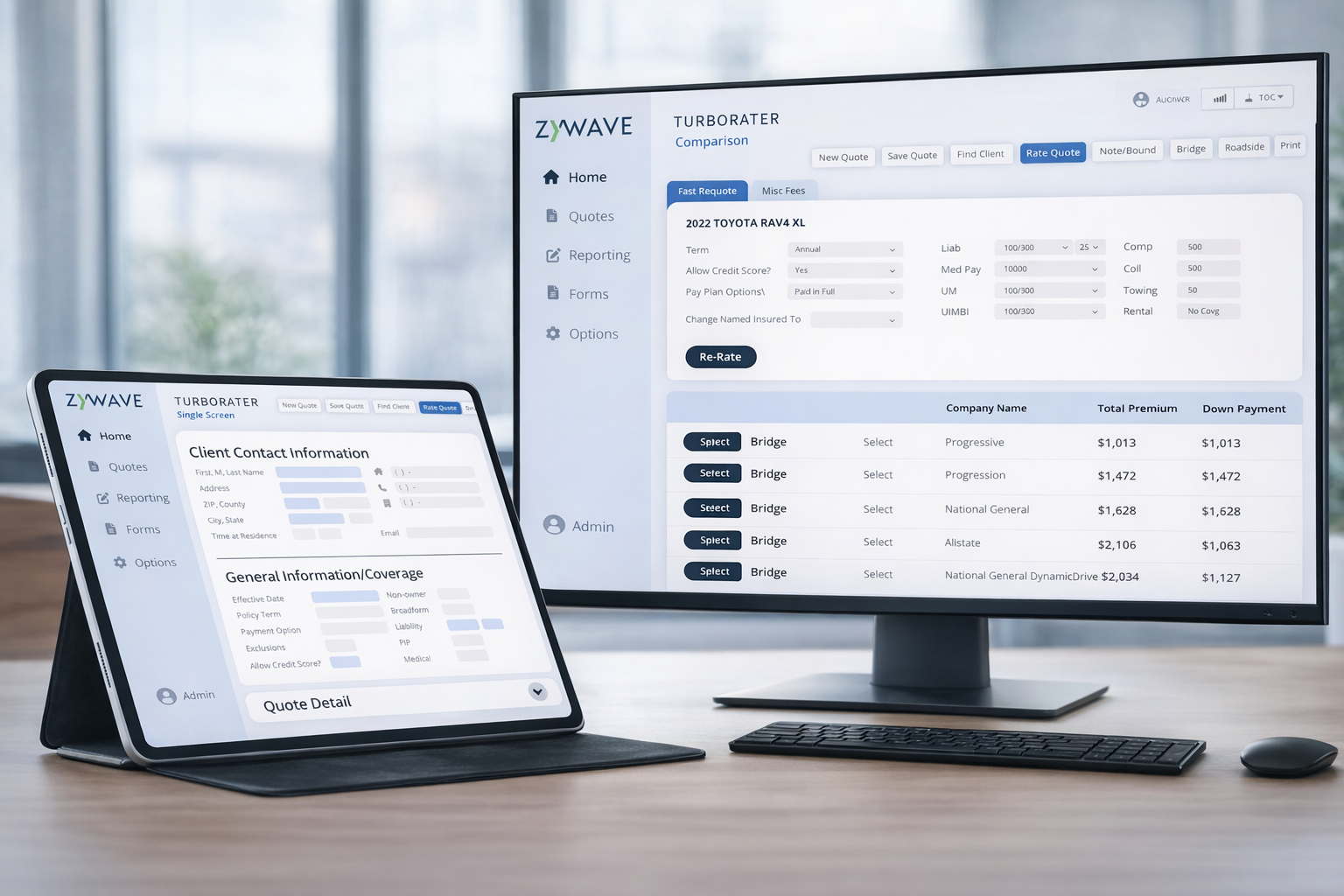Zywave TurboRater insurance quoting platform displayed on desktop monitor and tablet in modern office