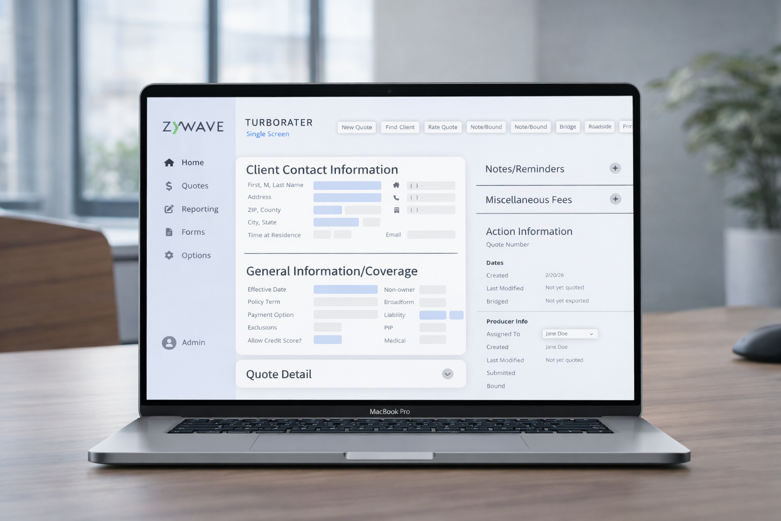 Zywave TurboRater single screen insurance quoting software displayed on laptop in office setting